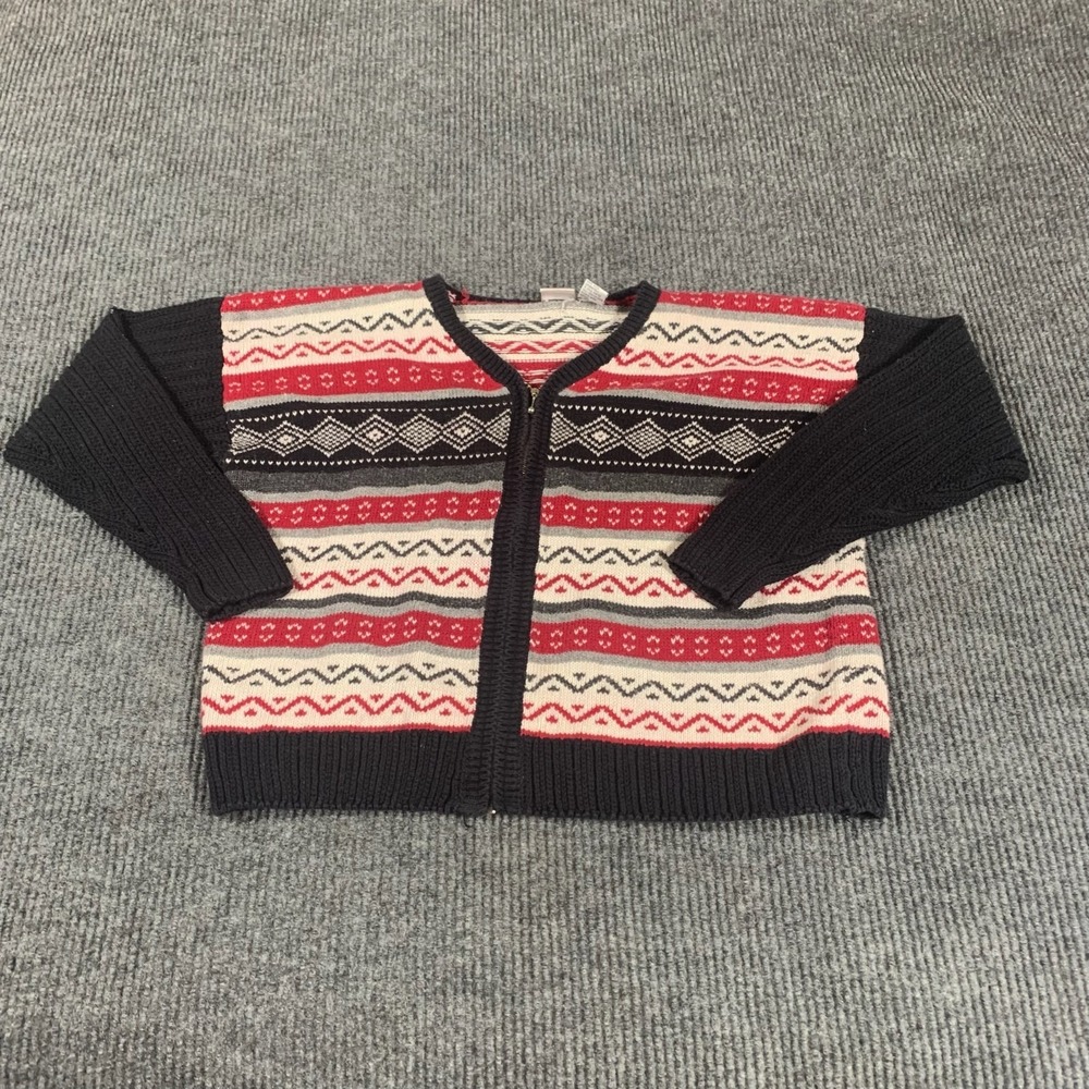 VTG‎ Paris Sport Club Sweater Womens Large Red Black Cardigan Full Zip Abstract